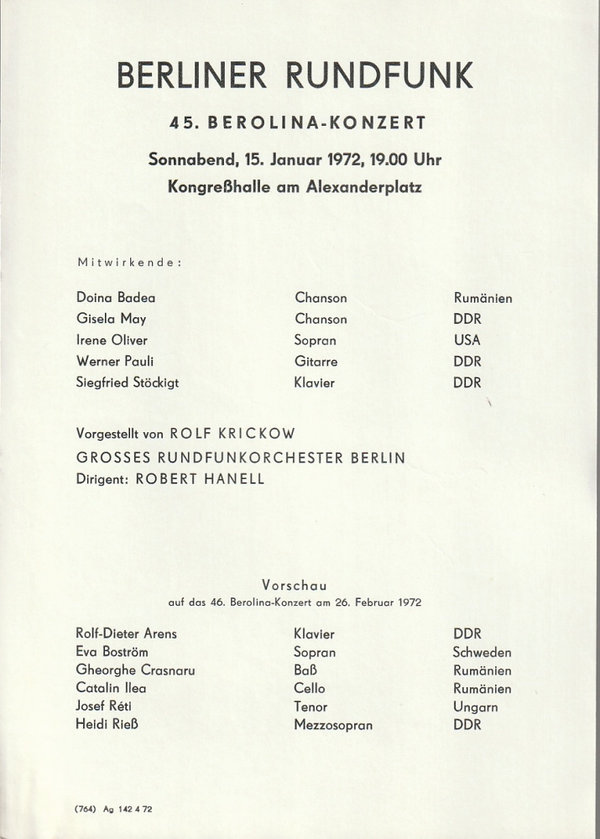 Theaterzettel BERLINER RUNDFUNK  45. BEROLINA-KONZERT 1972