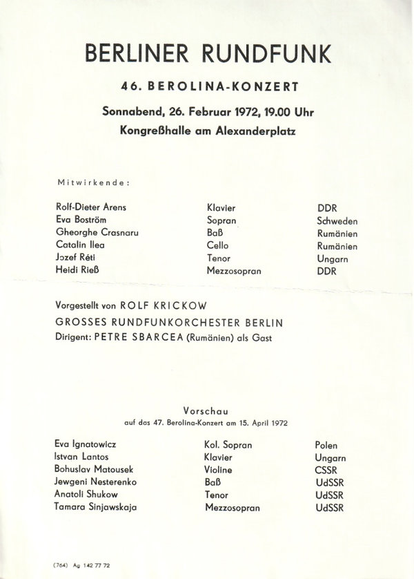 Theaterzettel BERLINER RUNDFUNK  46. BEROLINA-KONZERT 1972