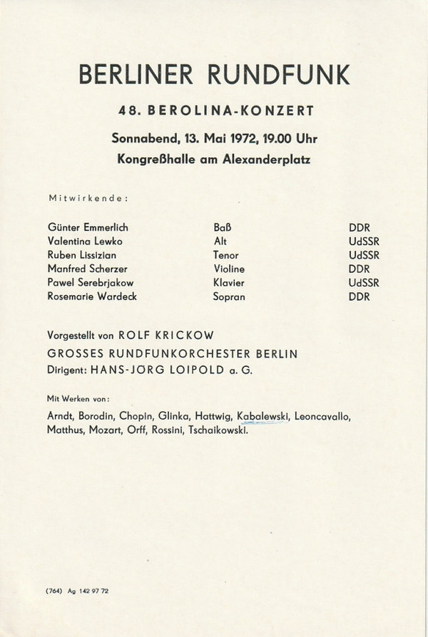Theaterzettel BERLINER RUNDFUNK  48. BEROLINA-KONZERT 1972