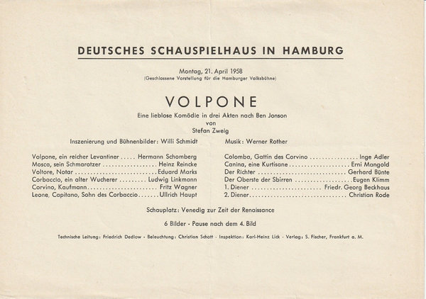 Theaterzettel Stefan Zweig VOLPONE Deutsches Schauspielhaus in Hamburg 1958