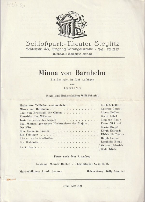 Theaterzettel Lessing MINNA VON BARNHELM Schloßpark-Theater Steglitz 1948