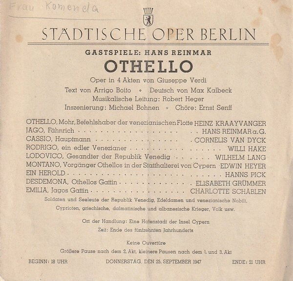 Programmheft Giuseppe Verdi OTHELLO 25. September 1947 Städtische Oper Berlin