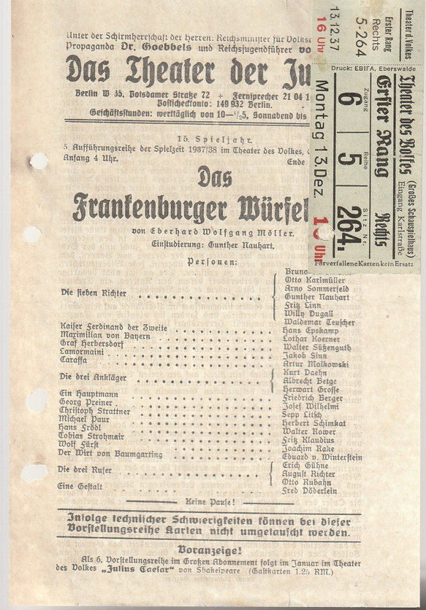 Theaterzettel Möller DAS FRANKENBURGER WÜRFELSPIEL Das Theater der Jugend 1937