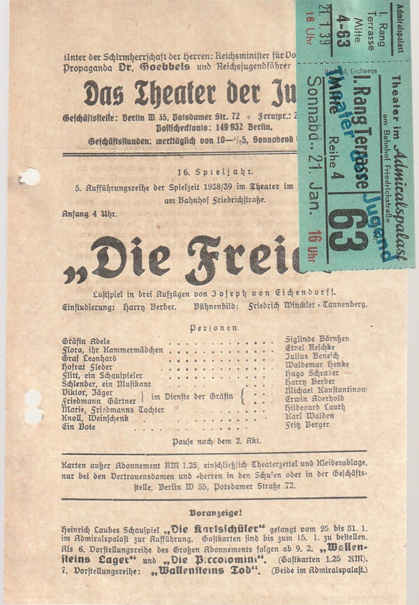 Theaterzettel Joseph von Eichendorff DIE FREIER Das Theater der Jugend 1939