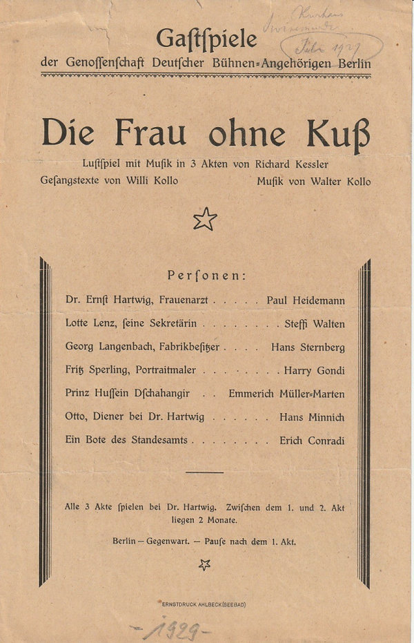 Theaterzettel Richard Kessler DIE FRAU OHNE Kuß 1929