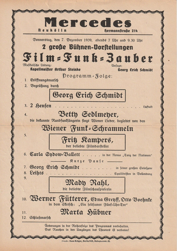 Theaterzettel FILM = FUNK = ZAUBER 7. Dezember 1939 MERCEDES Neukölln