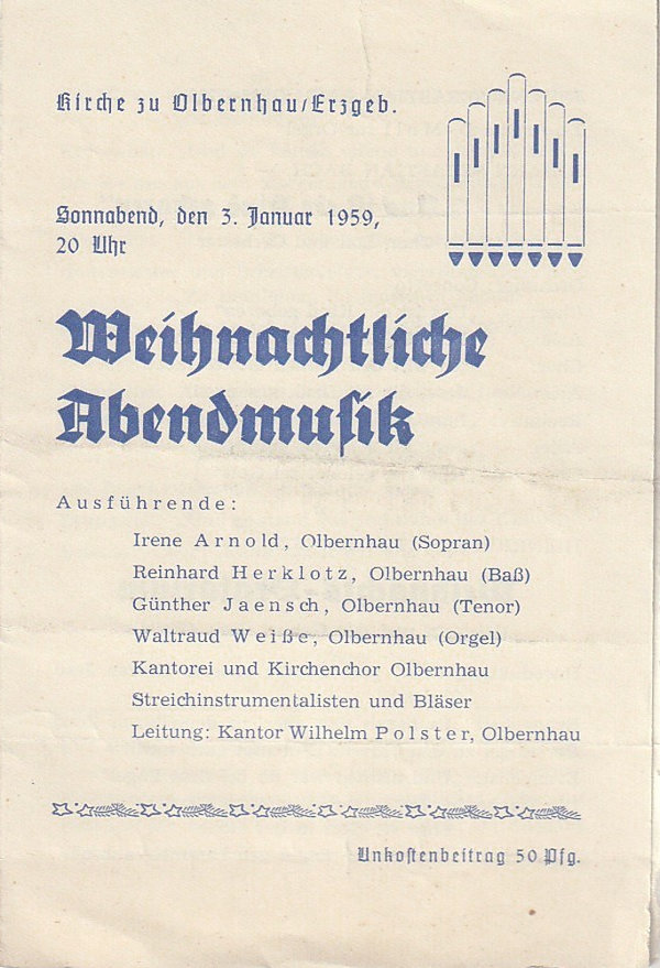 Programmheft WEIHNACHTLICHE ABENDMUSIK 3. Januar 1959 Kirche zu Olbernhau