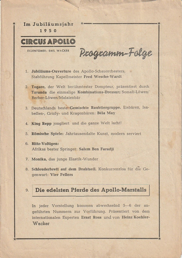Programmheft CIRCUS APOLLO Im JUBILÄUMSJAHR 1950