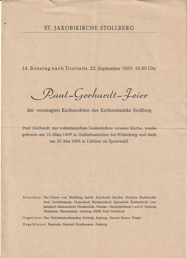 Programmheft PAUL-GERHARDT-FEIER DER VEREINIGTEN KIRCHENCHÖRE Stollberg 1957