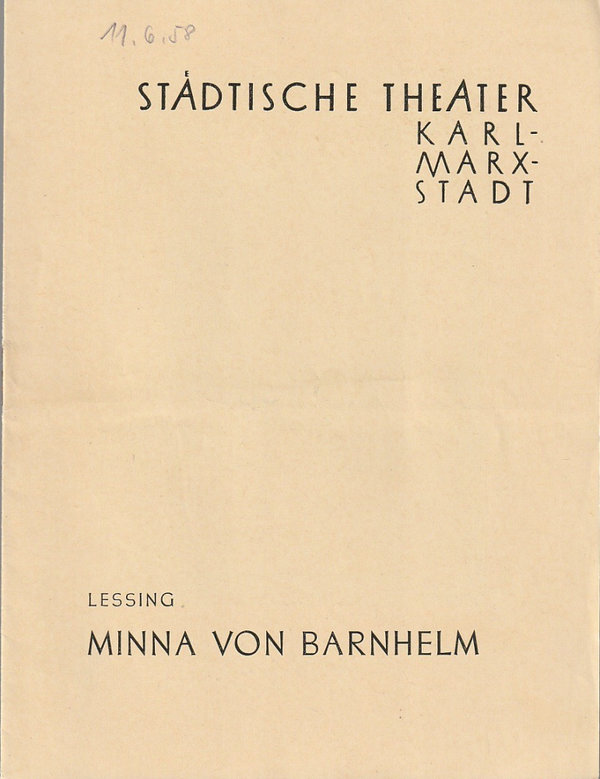 Programmheft  Lessing MINNA VON BARNHELM  Theater Karl-Marx-Stadt 1958