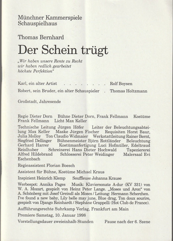 Programmheft Thomas Bernhard DER SCHEIN TRÜGT Münchner Kammerspiele 1998