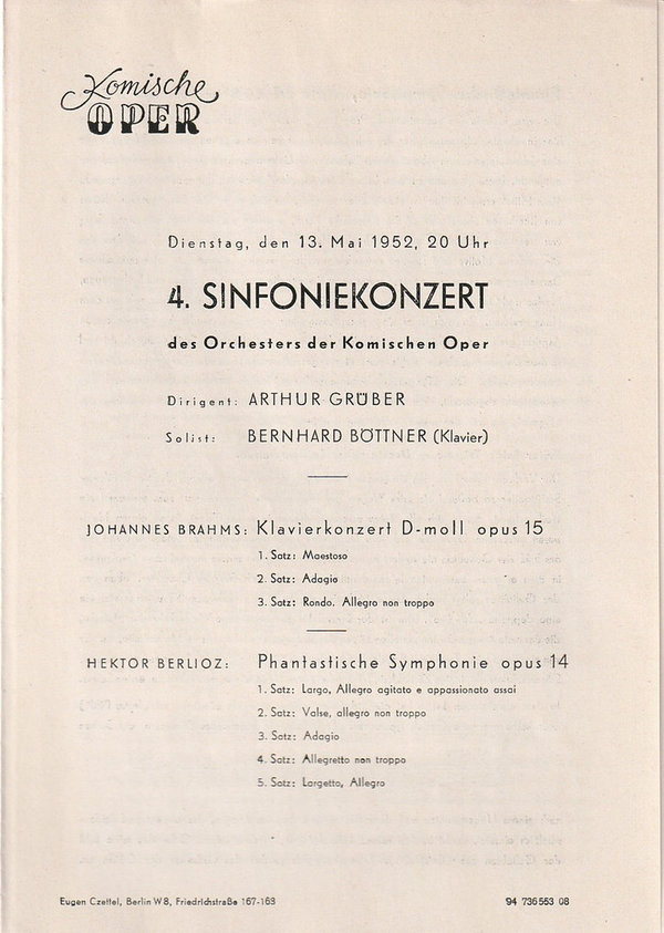 Programmheft 4. SINFONIEKONZERT ORCHESTER KOMISCHE OPER 13. Mai 1952