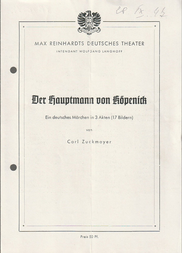 Programmheft Carl Zuckmayer DER HAUPTMANN VON KÖPENICK Deutsches Theater 1947